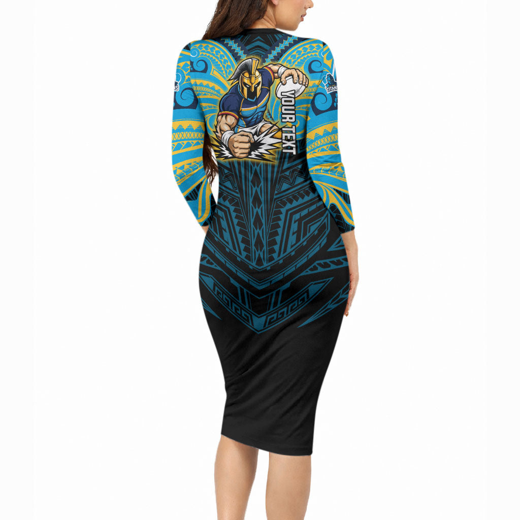 Custom Gold Coast Titans Long Sleeve Bodycon Dress Titan Warrior Polynesia Islander Rugby Mascot