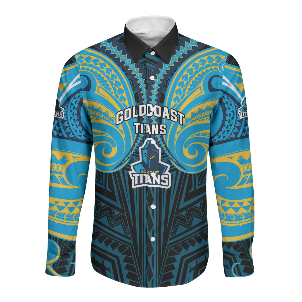 Custom Gold Coast Titans Long Sleeve Button Shirt Titan Warrior Polynesia Islander Rugby Mascot