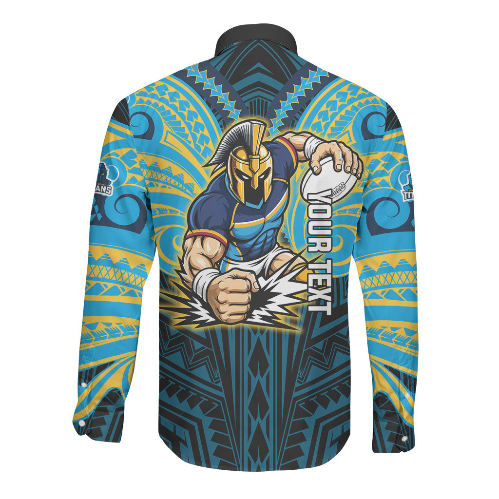 Custom Gold Coast Titans Long Sleeve Button Shirt Titan Warrior Polynesia Islander Rugby Mascot