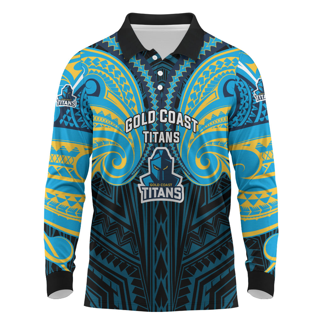 Custom Gold Coast Titans Long Sleeve Polo Shirt Titan Warrior Polynesia Islander Rugby Mascot