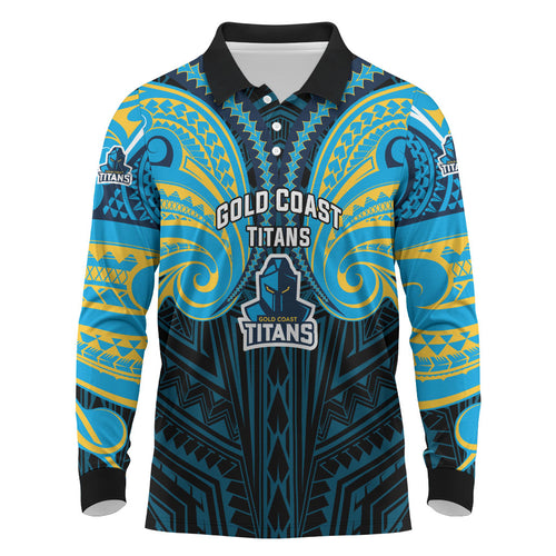 Custom Gold Coast Titans Long Sleeve Polo Shirt Titan Warrior Polynesia Islander Rugby Mascot