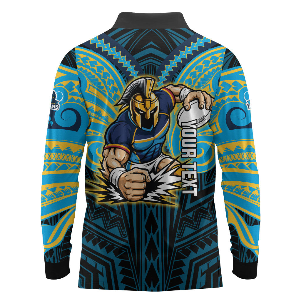 Custom Gold Coast Titans Long Sleeve Polo Shirt Titan Warrior Polynesia Islander Rugby Mascot
