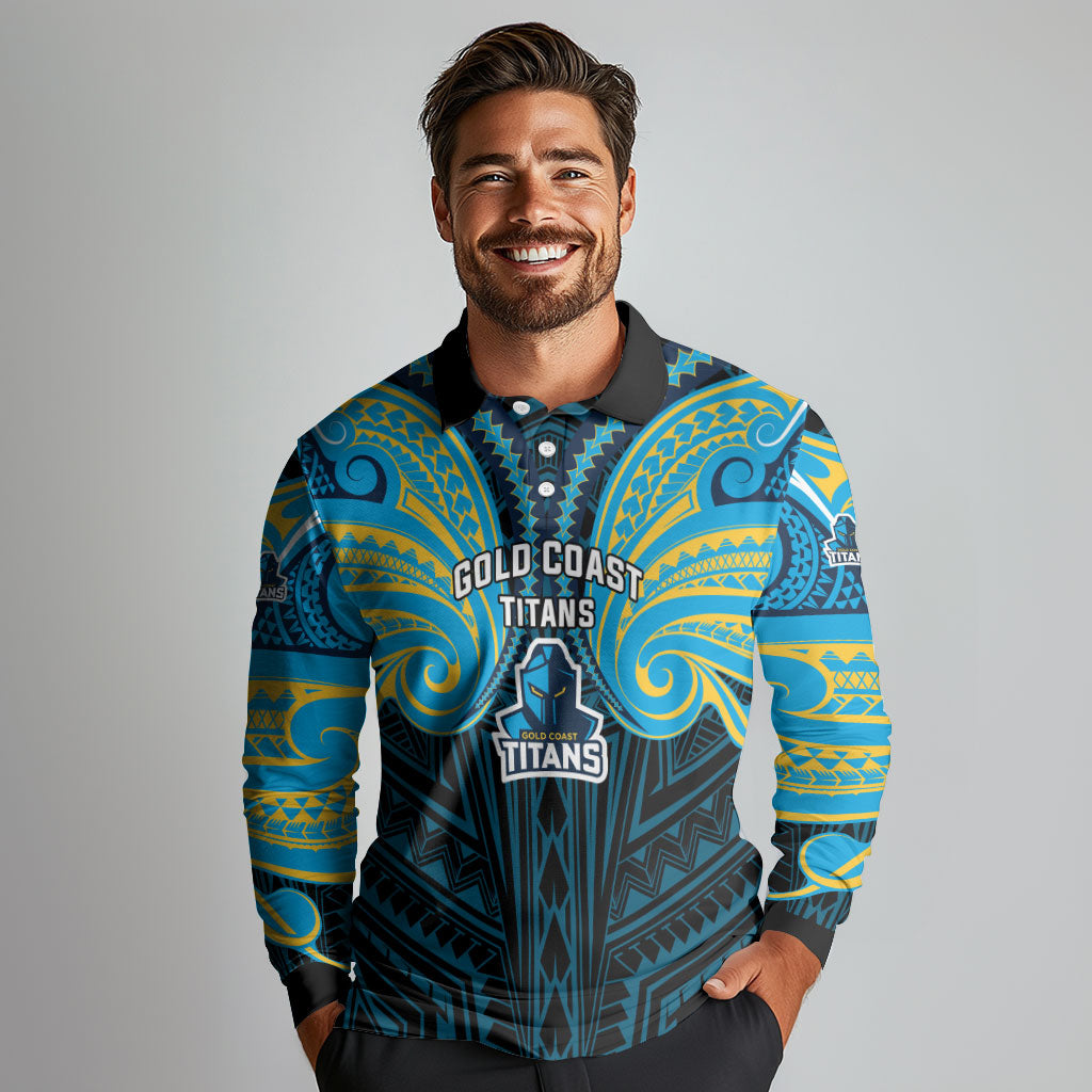 Custom Gold Coast Titans Long Sleeve Polo Shirt Titan Warrior Polynesia Islander Rugby Mascot