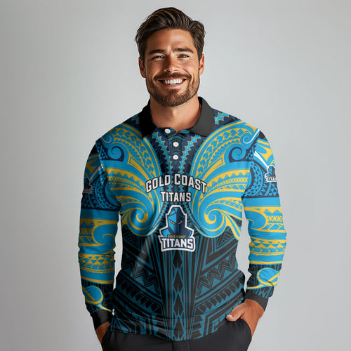 Custom Gold Coast Titans Long Sleeve Polo Shirt Titan Warrior Polynesia Islander Rugby Mascot