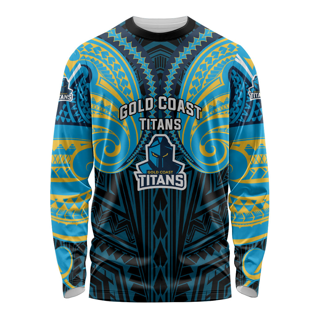 Custom Gold Coast Titans Long Sleeve Shirt Titan Warrior Polynesia Islander Rugby Mascot
