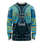 Custom Gold Coast Titans Long Sleeve Shirt Titan Warrior Polynesia Islander Rugby Mascot