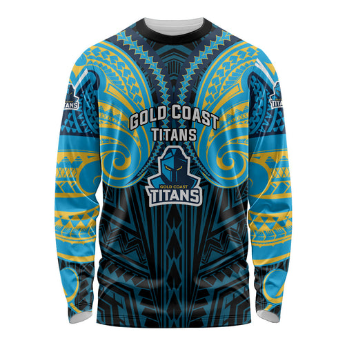 Custom Gold Coast Titans Long Sleeve Shirt Titan Warrior Polynesia Islander Rugby Mascot