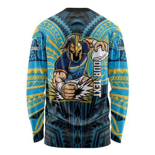Custom Gold Coast Titans Long Sleeve Shirt Titan Warrior Polynesia Islander Rugby Mascot