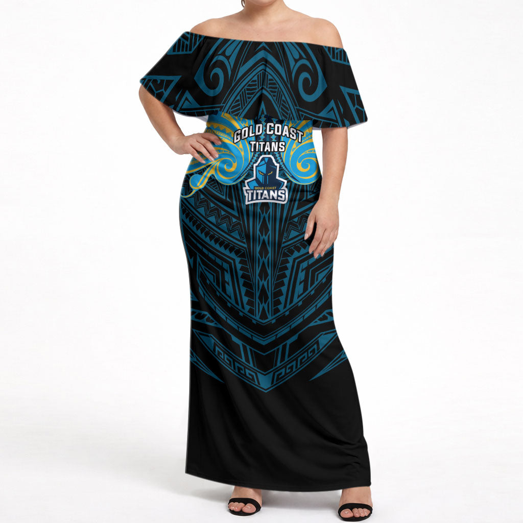 Custom Gold Coast Titans Off Shoulder Maxi Dress Titan Warrior Polynesia Islander Rugby Mascot