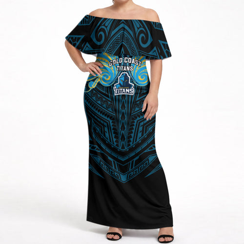 Custom Gold Coast Titans Off Shoulder Maxi Dress Titan Warrior Polynesia Islander Rugby Mascot