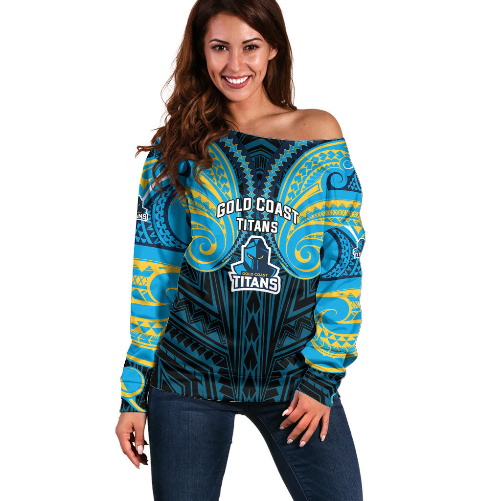 Custom Gold Coast Titans Off Shoulder Sweater Titan Warrior Polynesia Islander Rugby Mascot