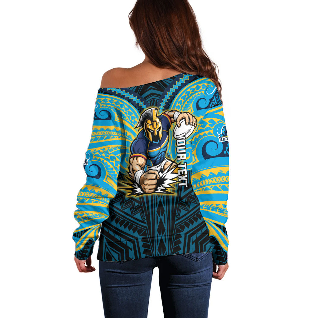 Custom Gold Coast Titans Off Shoulder Sweater Titan Warrior Polynesia Islander Rugby Mascot