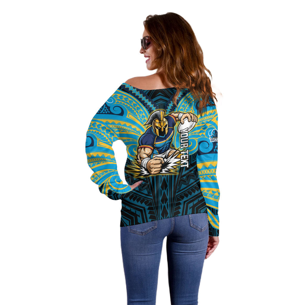 Custom Gold Coast Titans Off Shoulder Sweater Titan Warrior Polynesia Islander Rugby Mascot