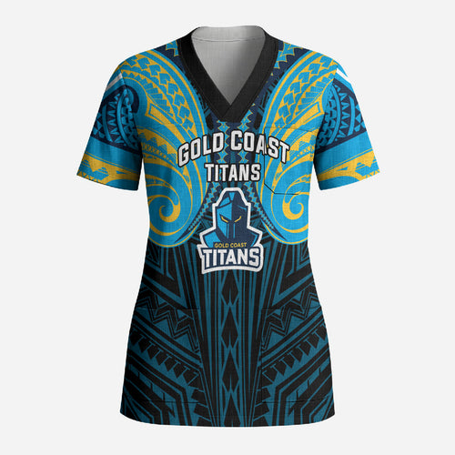 Custom Gold Coast Titans Scrub Top Titan Warrior Polynesia Islander Rugby Mascot