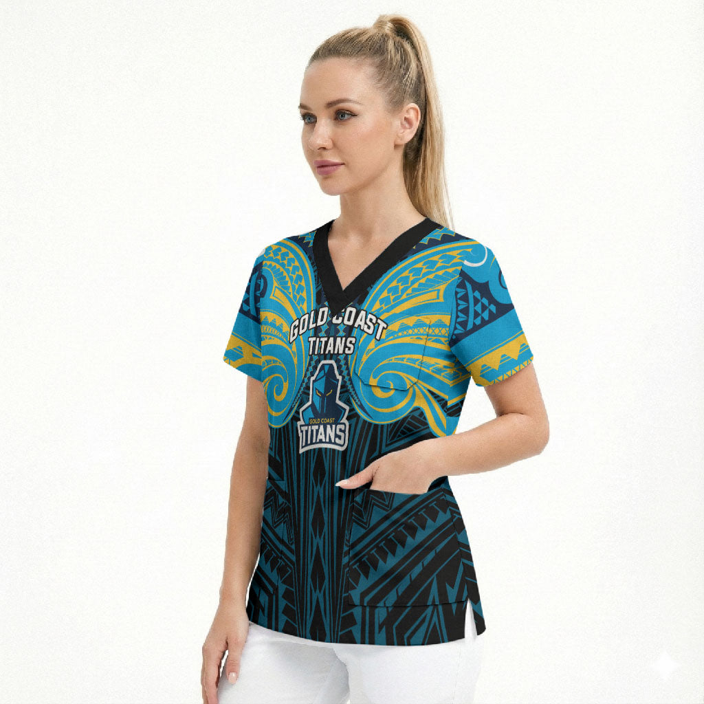 Custom Gold Coast Titans Scrub Top Titan Warrior Polynesia Islander Rugby Mascot