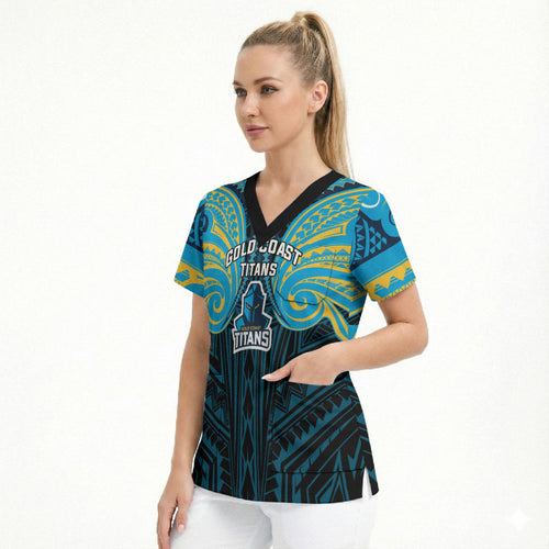 Custom Gold Coast Titans Scrub Top Titan Warrior Polynesia Islander Rugby Mascot