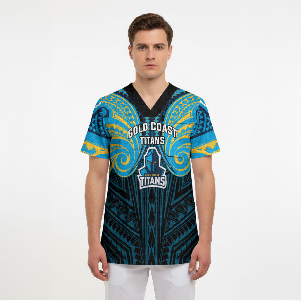 Custom Gold Coast Titans Scrub Top Titan Warrior Polynesia Islander Rugby Mascot