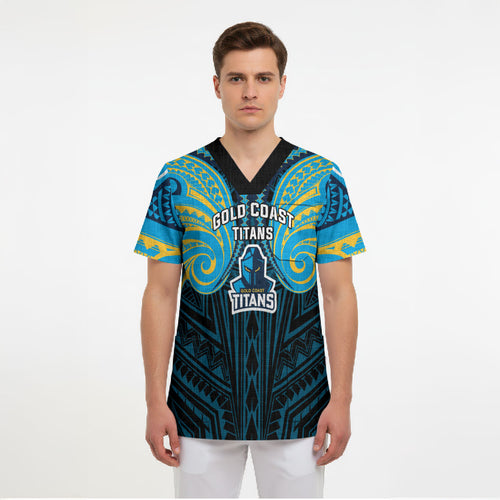 Custom Gold Coast Titans Scrub Top Titan Warrior Polynesia Islander Rugby Mascot