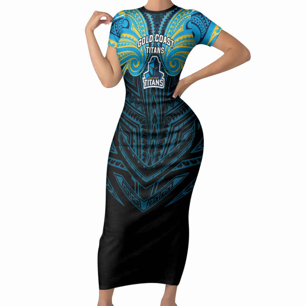 Custom Gold Coast Titans Short Sleeve Bodycon Dress Titan Warrior Polynesia Islander Rugby Mascot