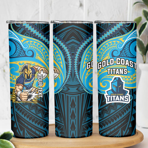 Custom Gold Coast Titans Skinny Tumbler Titan Warrior Polynesia Islander Rugby Mascot