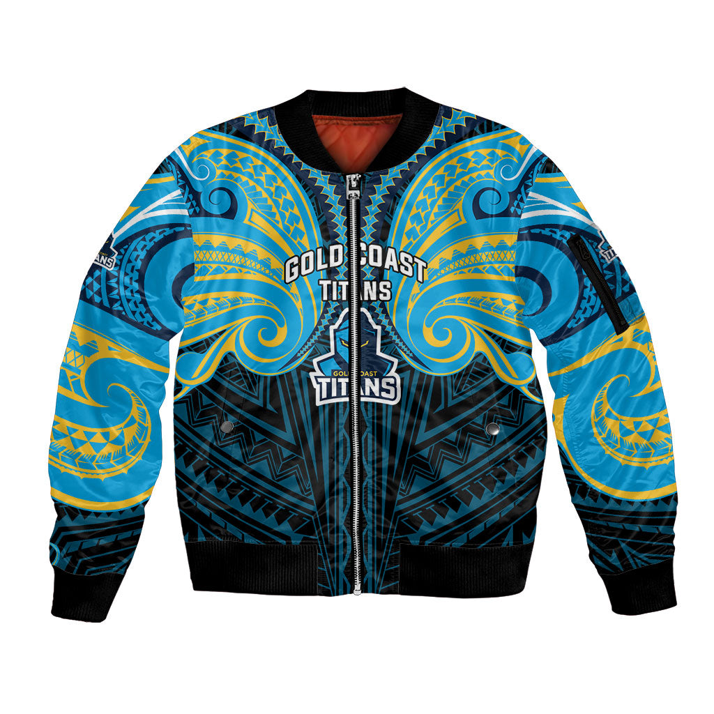 Custom Gold Coast Titans Sleeve Zip Bomber Jacket Titan Warrior Polynesia Islander Rugby Mascot