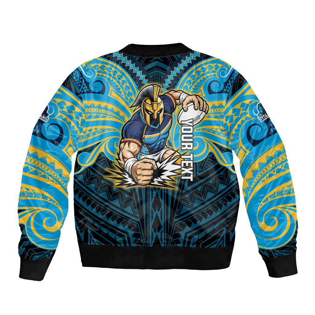 Custom Gold Coast Titans Sleeve Zip Bomber Jacket Titan Warrior Polynesia Islander Rugby Mascot