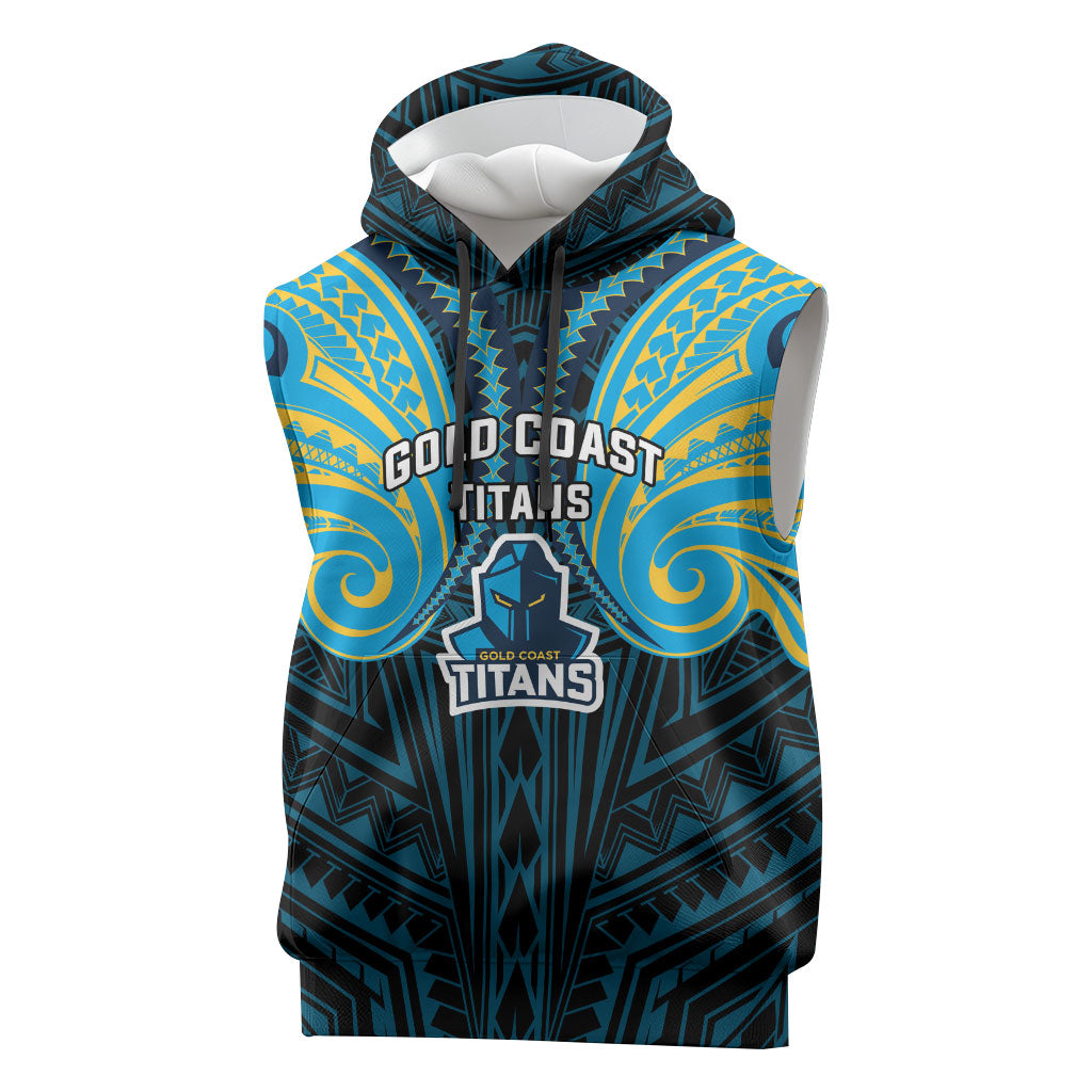 Custom Gold Coast Titans Sleeveless Hoodie Titan Warrior Polynesia Islander Rugby Mascot