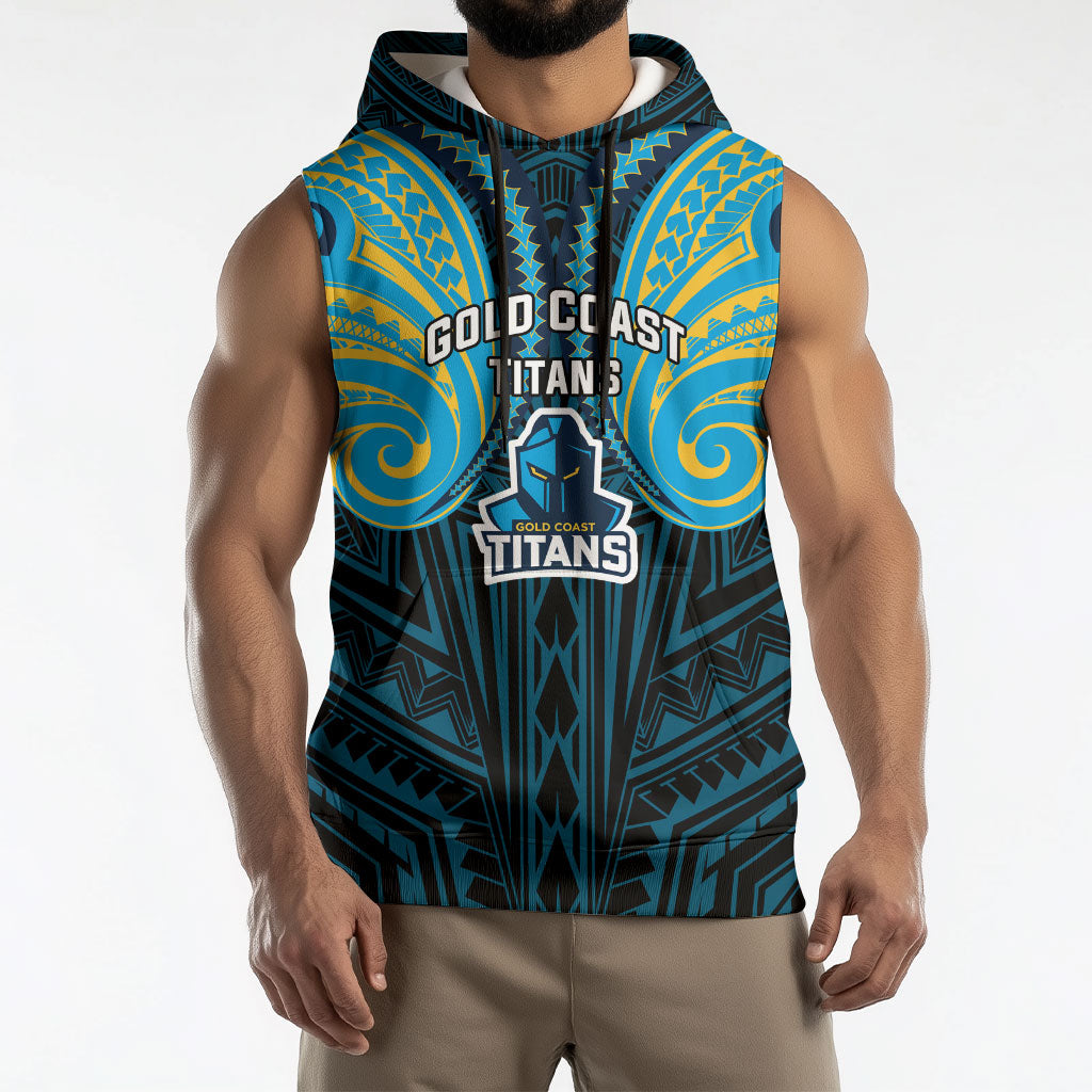 Custom Gold Coast Titans Sleeveless Hoodie Titan Warrior Polynesia Islander Rugby Mascot