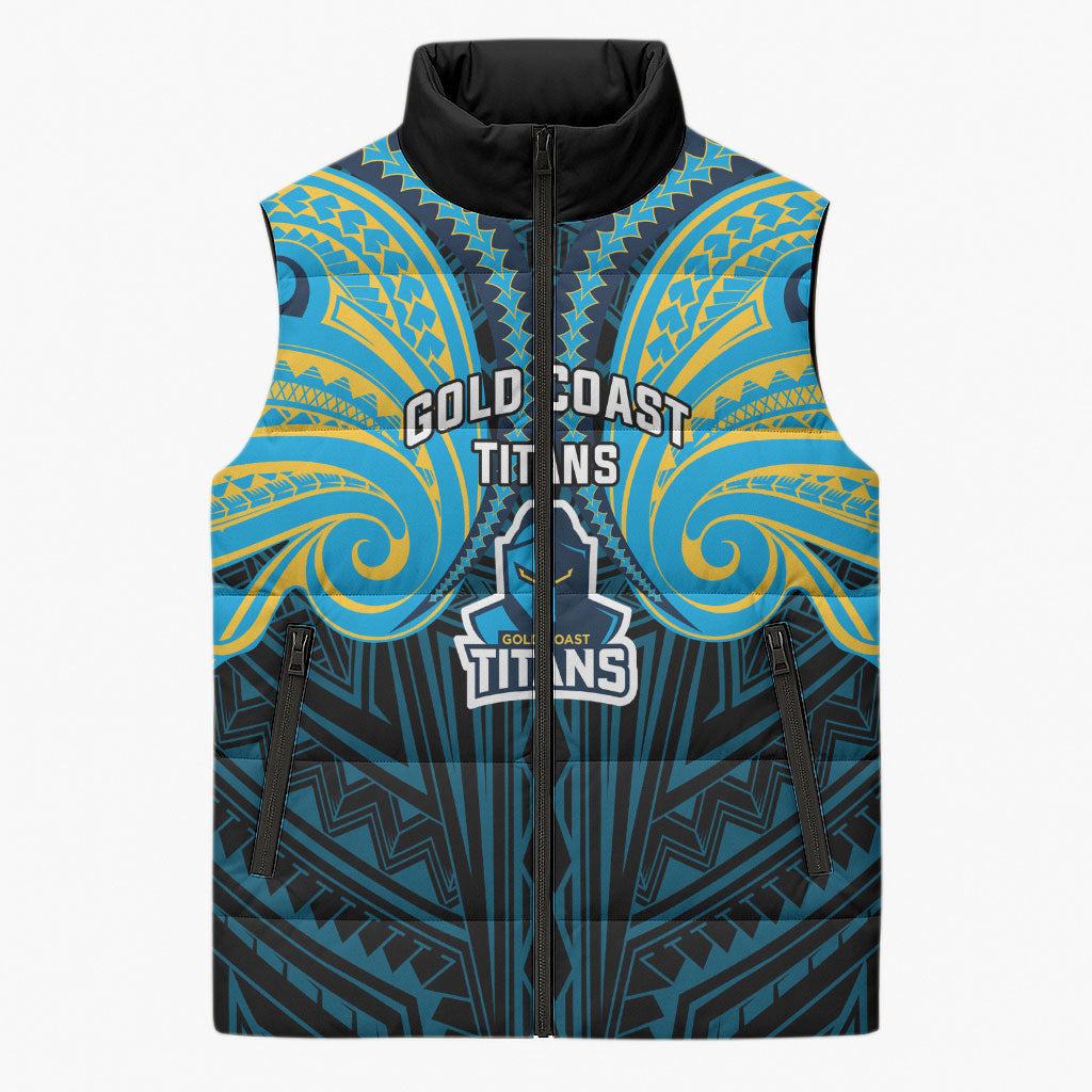 Custom Gold Coast Titans Sleeveless Puffer Jacket Titan Warrior Polynesia Islander Rugby Mascot