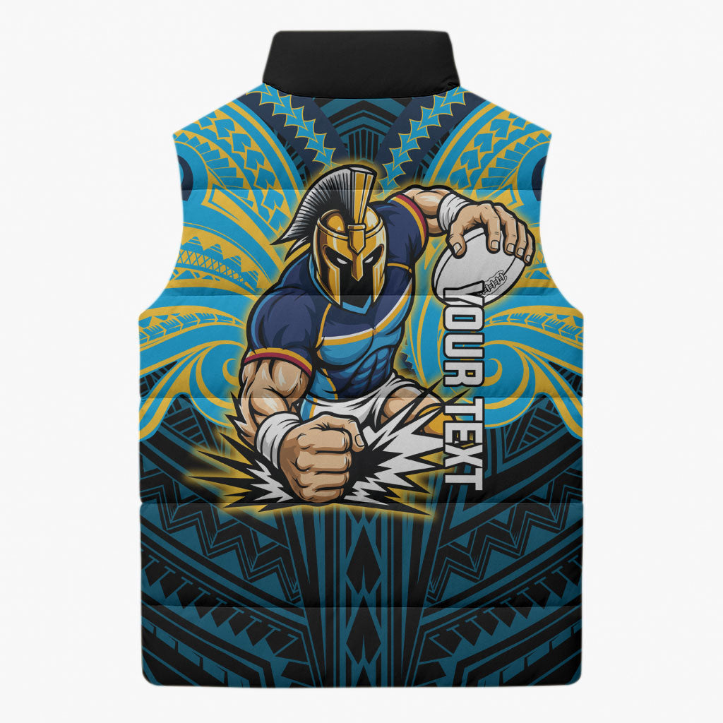 Custom Gold Coast Titans Sleeveless Puffer Jacket Titan Warrior Polynesia Islander Rugby Mascot