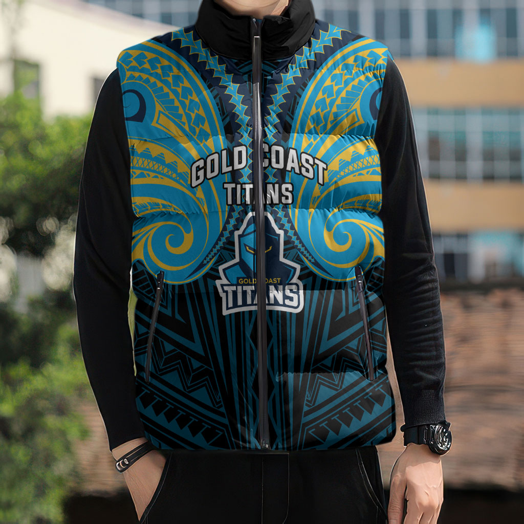 Custom Gold Coast Titans Sleeveless Puffer Jacket Titan Warrior Polynesia Islander Rugby Mascot