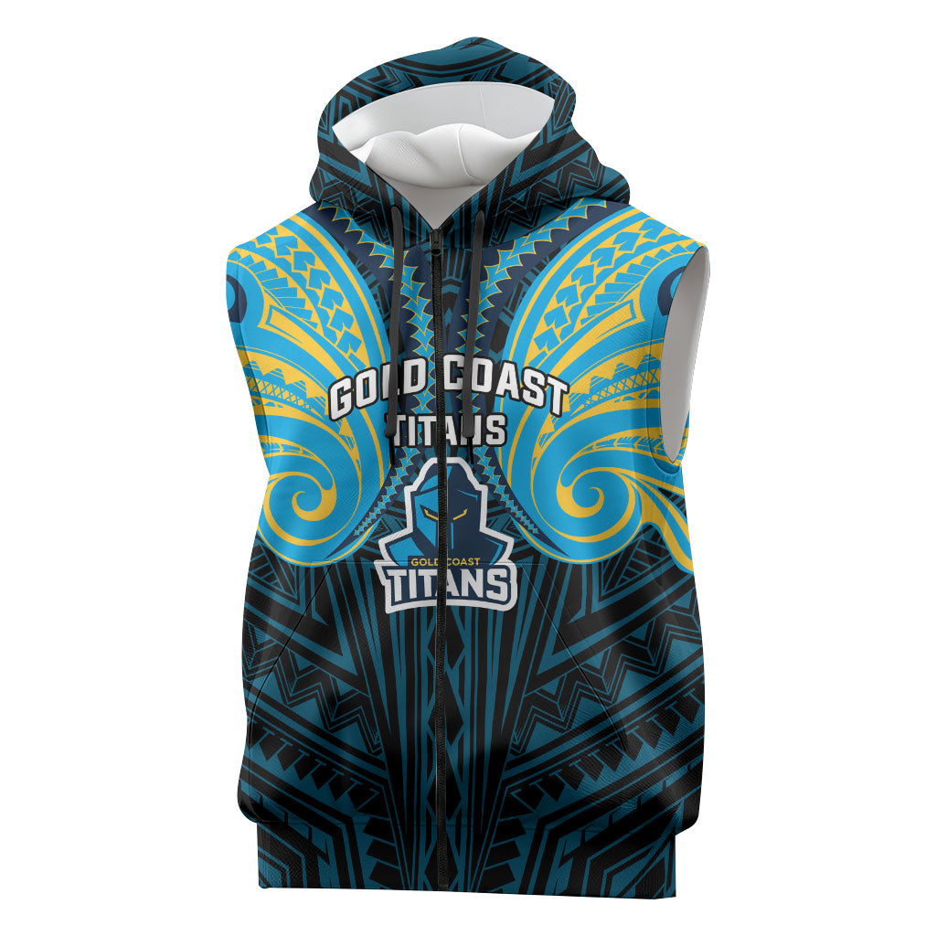 Custom Gold Coast Titans Sleeveless Zip Hoodie Titan Warrior Polynesia Islander Rugby Mascot