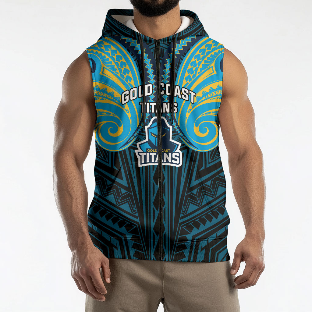 Custom Gold Coast Titans Sleeveless Zip Hoodie Titan Warrior Polynesia Islander Rugby Mascot