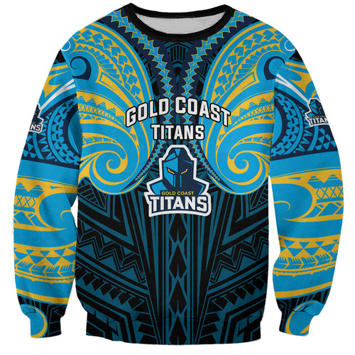 Custom Gold Coast Titans Sweatshirt Titan Warrior Polynesia Islander Rugby Mascot