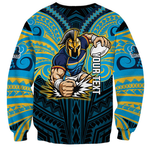 Custom Gold Coast Titans Sweatshirt Titan Warrior Polynesia Islander Rugby Mascot