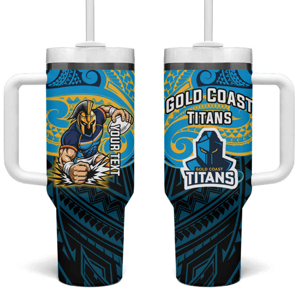 Custom Gold Coast Titans Tumbler With Handle Titan Warrior Polynesia Islander Rugby Mascot