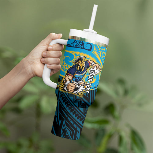 Custom Gold Coast Titans Tumbler With Handle Titan Warrior Polynesia Islander Rugby Mascot