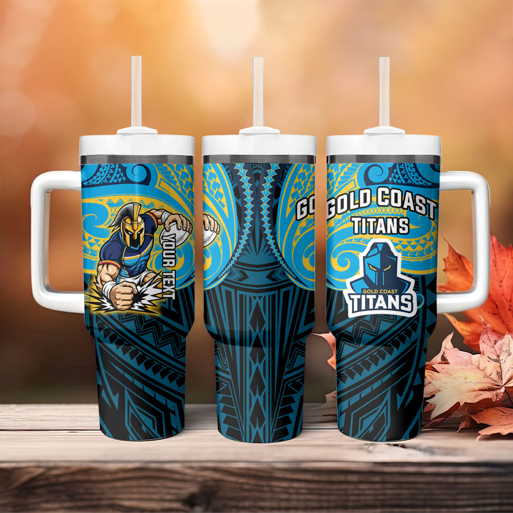 Custom Gold Coast Titans Tumbler With Handle Titan Warrior Polynesia Islander Rugby Mascot