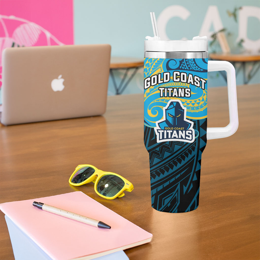 Custom Gold Coast Titans Tumbler With Handle Titan Warrior Polynesia Islander Rugby Mascot