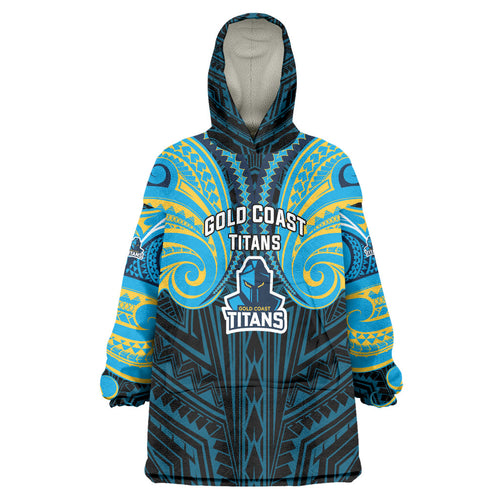 Custom Gold Coast Titans Wearable Blanket Hoodie Titan Warrior Polynesia Islander Rugby Mascot