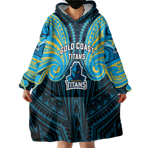 Custom Gold Coast Titans Wearable Blanket Hoodie Titan Warrior Polynesia Islander Rugby Mascot