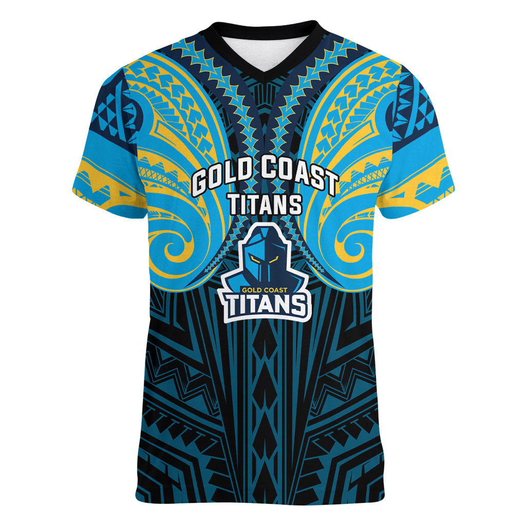 Custom Gold Coast Titans Women V-Neck T-Shirt Titan Warrior Polynesia Islander Rugby Mascot