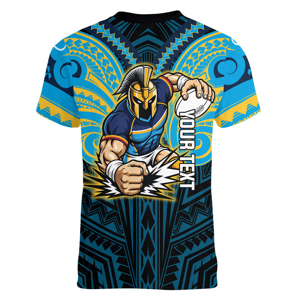 Custom Gold Coast Titans Women V-Neck T-Shirt Titan Warrior Polynesia Islander Rugby Mascot