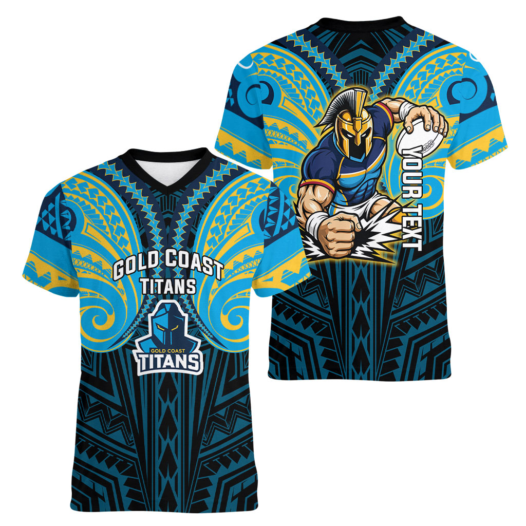 Custom Gold Coast Titans Women V-Neck T-Shirt Titan Warrior Polynesia Islander Rugby Mascot