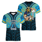 Custom Gold Coast Titans Women V-Neck T-Shirt Titan Warrior Polynesia Islander Rugby Mascot