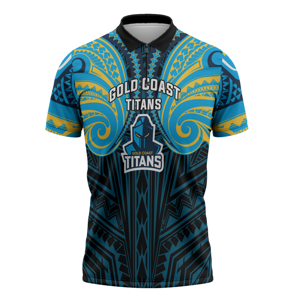 Custom Gold Coast Titans Zipper Polo Shirt Titan Warrior Polynesia Islander Rugby Mascot