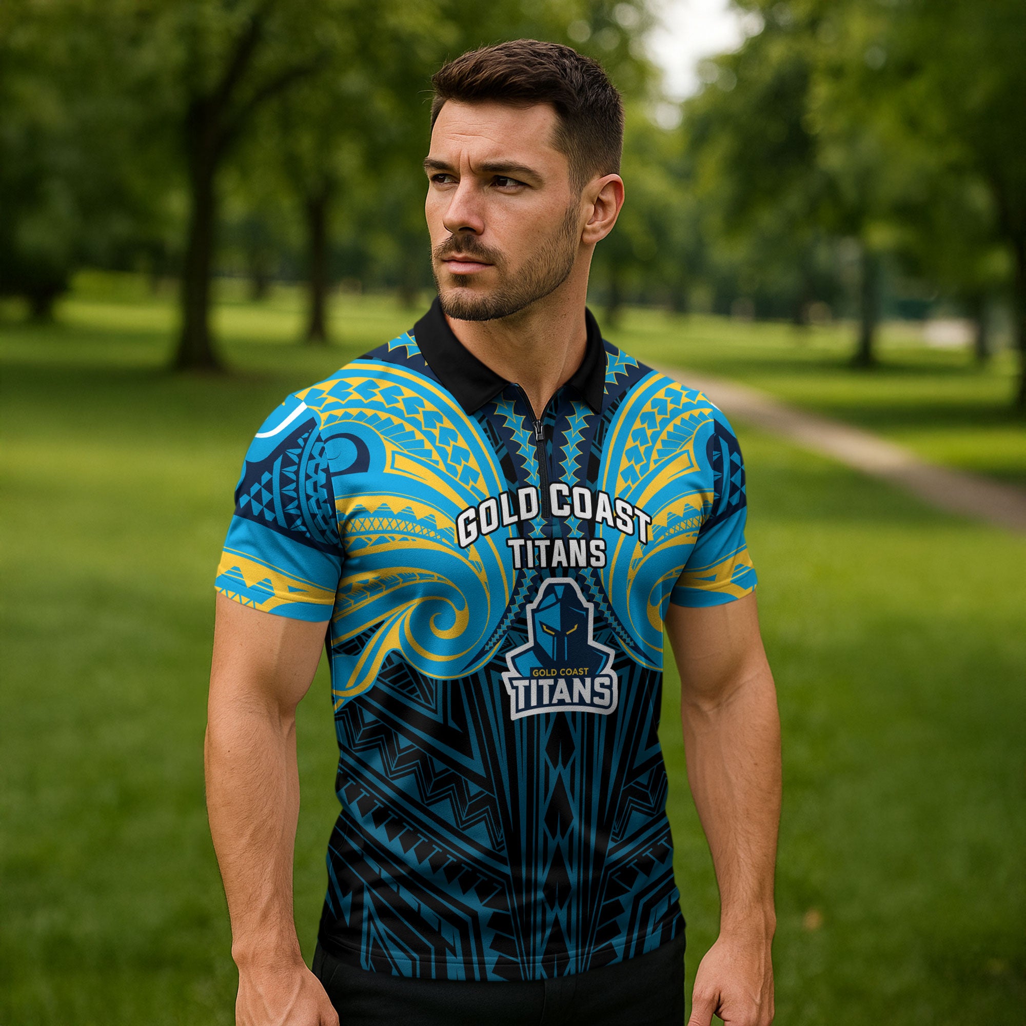 Custom Gold Coast Titans Zipper Polo Shirt Titan Warrior Polynesia Islander Rugby Mascot