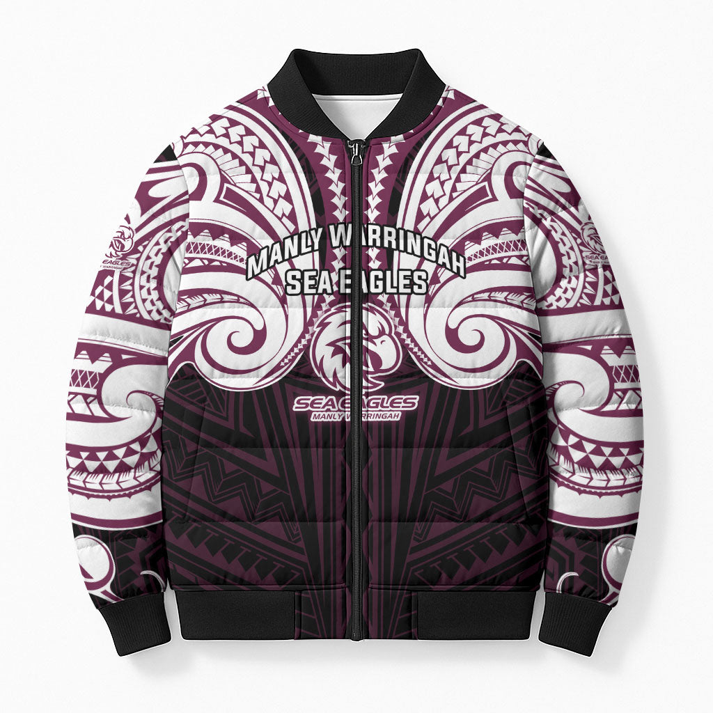 Custom Manly Warringah Sea Eagles Bomber Puffer Jacket Sea Eagle Warrior Polynesia Islander Rugby Mascot