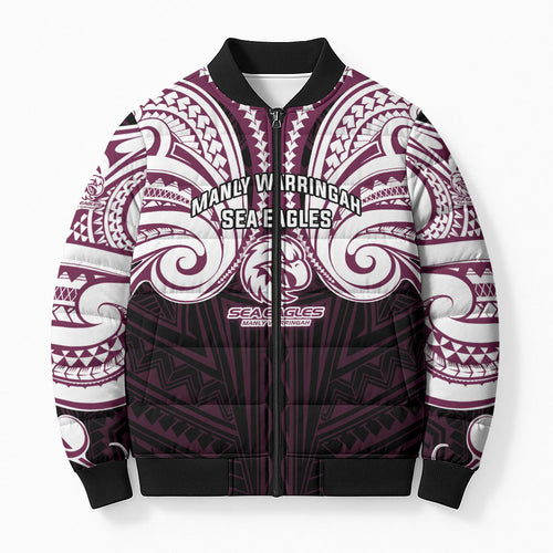 Custom Manly Warringah Sea Eagles Bomber Puffer Jacket Sea Eagle Warrior Polynesia Islander Rugby Mascot