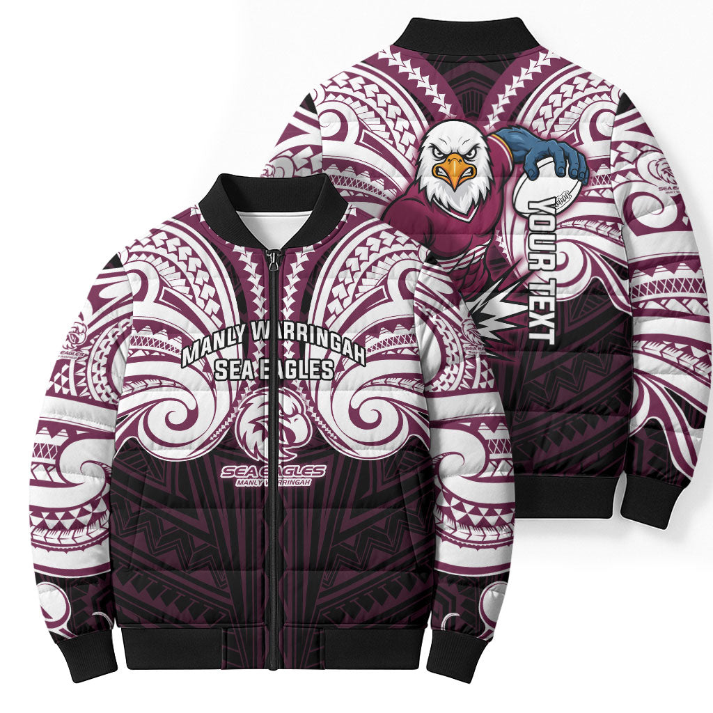 Custom Manly Warringah Sea Eagles Bomber Puffer Jacket Sea Eagle Warrior Polynesia Islander Rugby Mascot